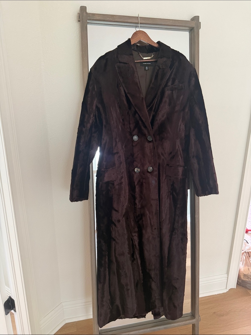 Karen Millen Long Double-Breasted Faux-pony hair Fur Trench Coat - Dark Brown